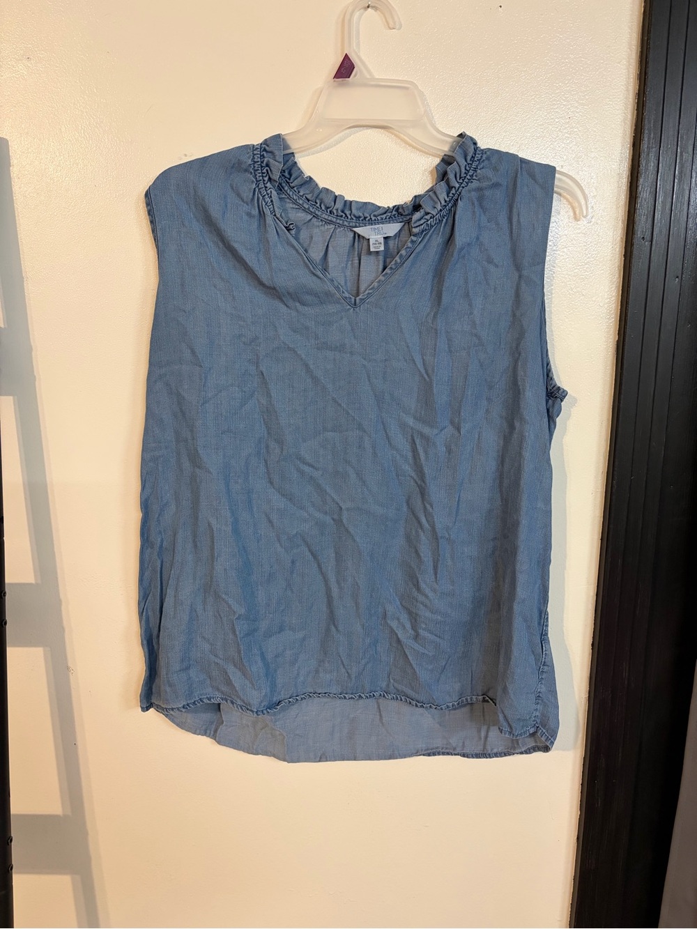 Time and Tru Light Blue Ruffle-Trim Sleeveless Chambray Tank